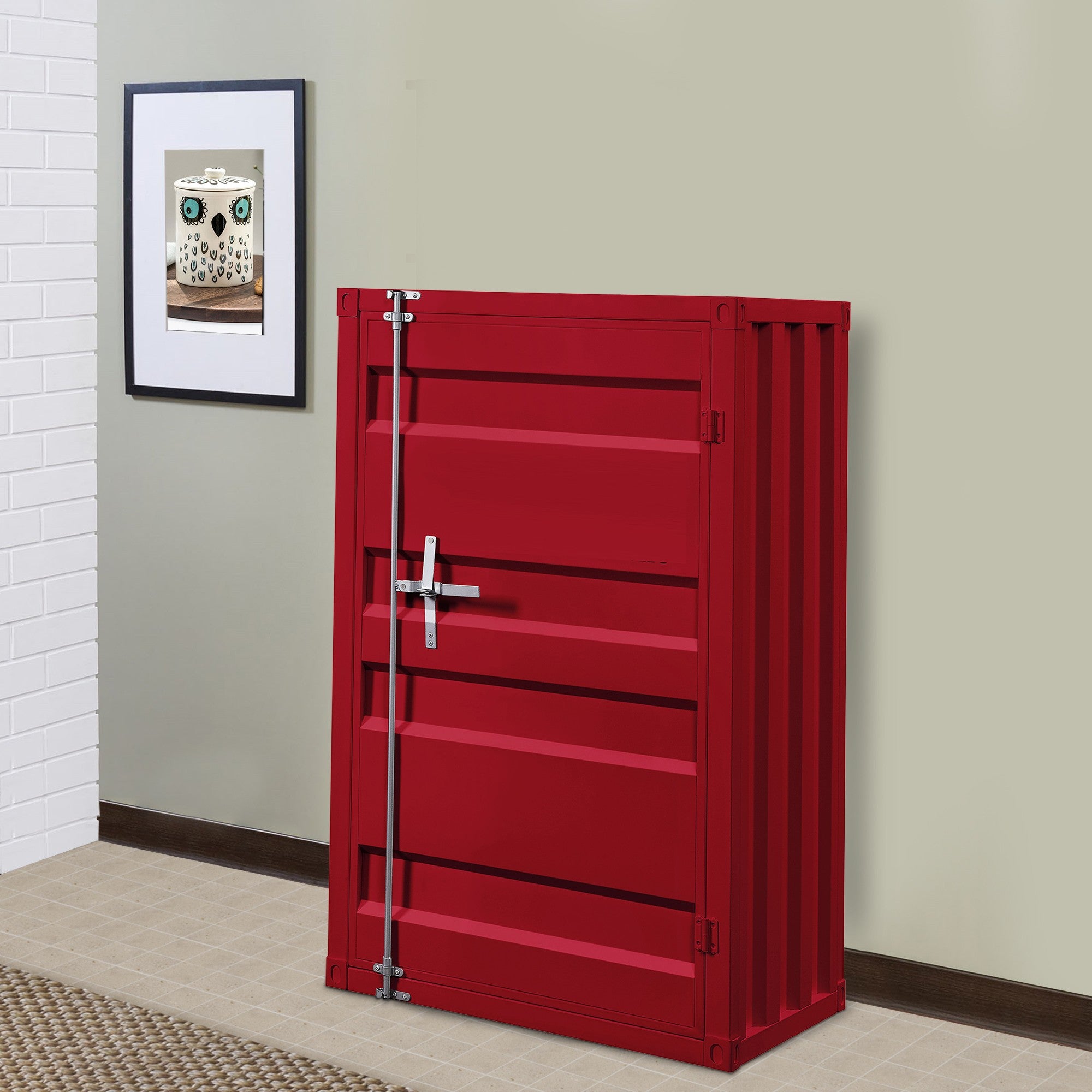 Benjara Industrial Style Metal Base Single Door Chest with Slated Pattern, Red