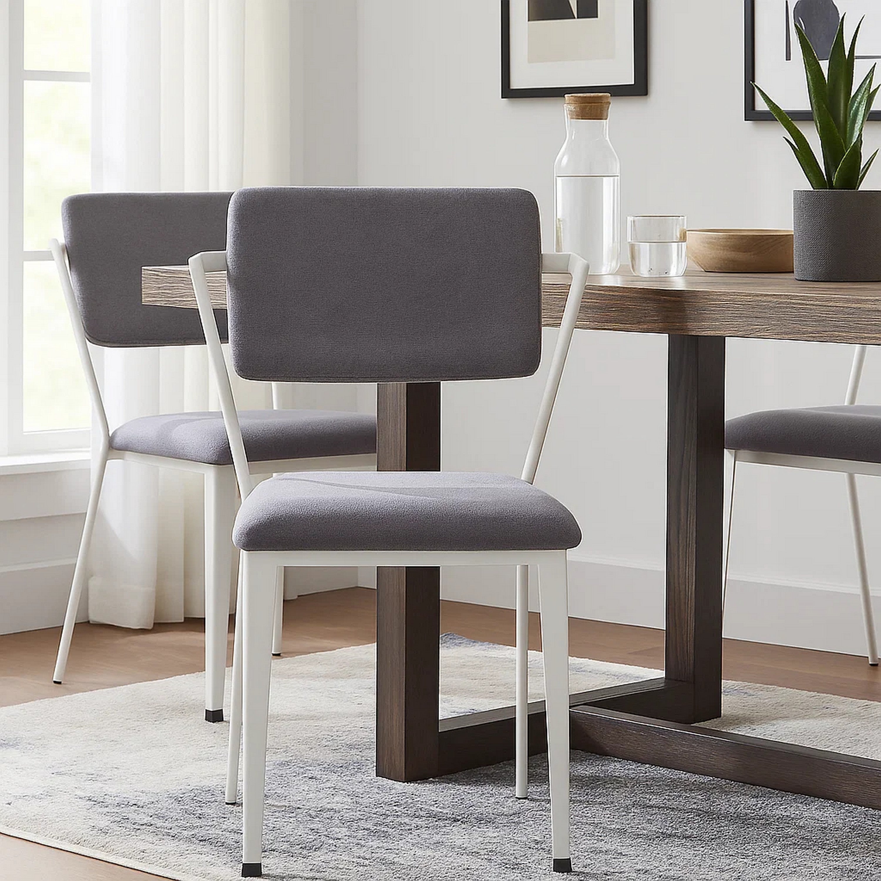 Benjara Metal Chair with Fabric Upholstery And Straight Legs, Gray And White
