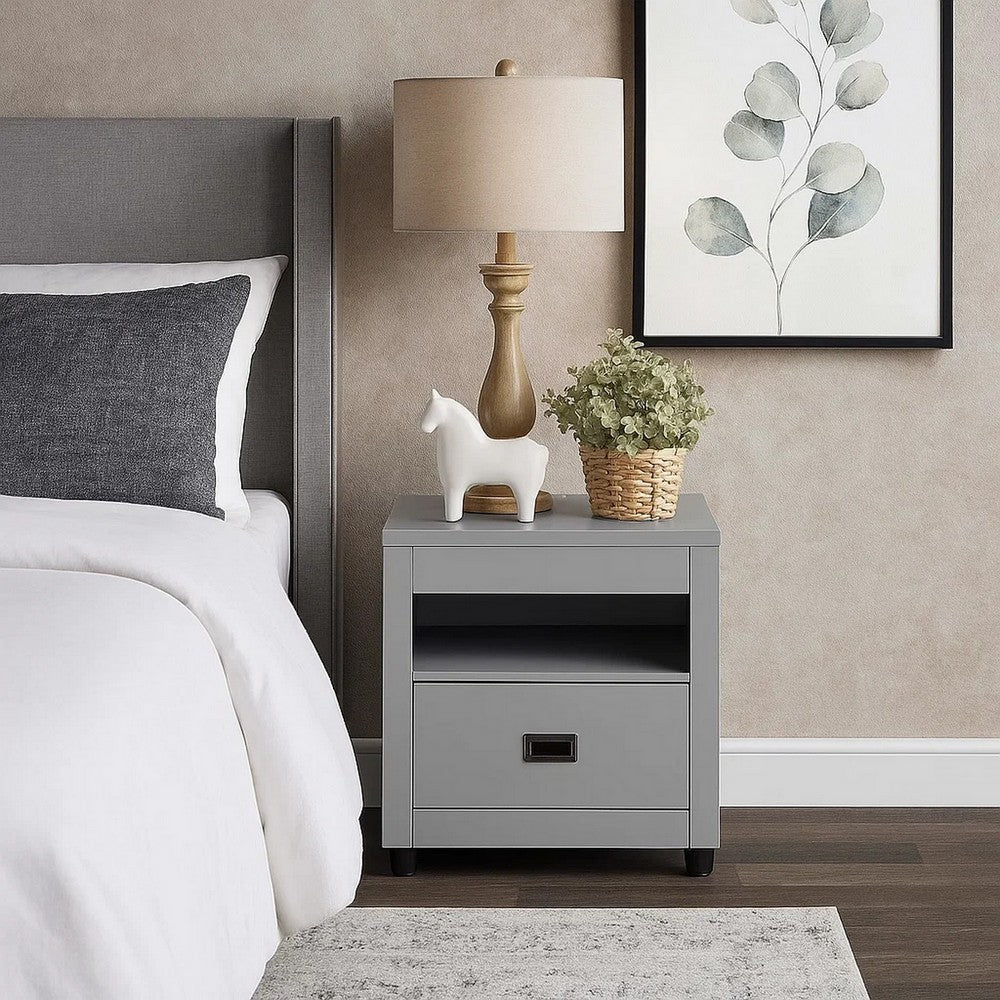 Benjara Transitional Style Wooden End Table with 1 Drawer, Gray And Black