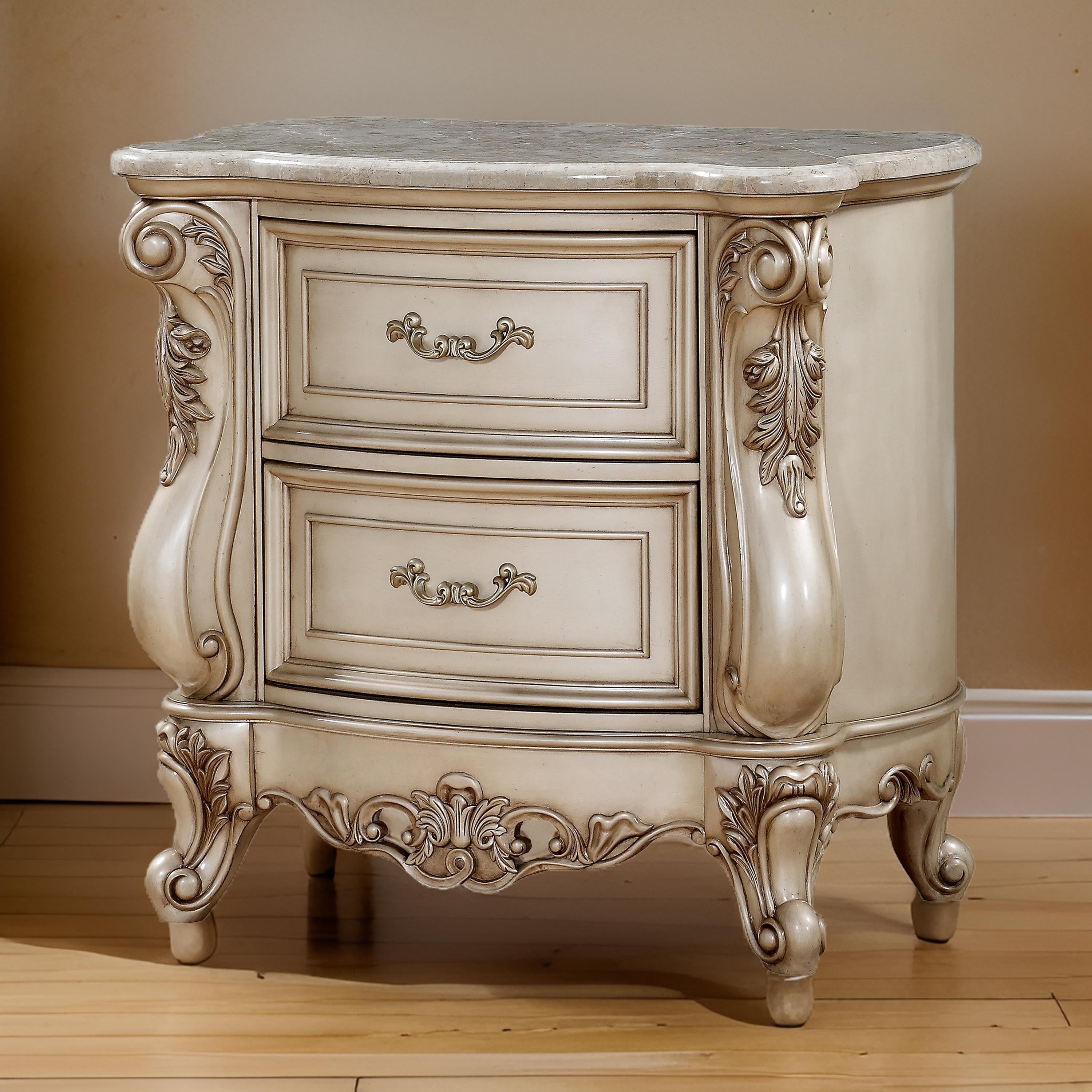 Benjara 2 Drawer Nightstand With Raised Scrolled Floral Moulding, White
