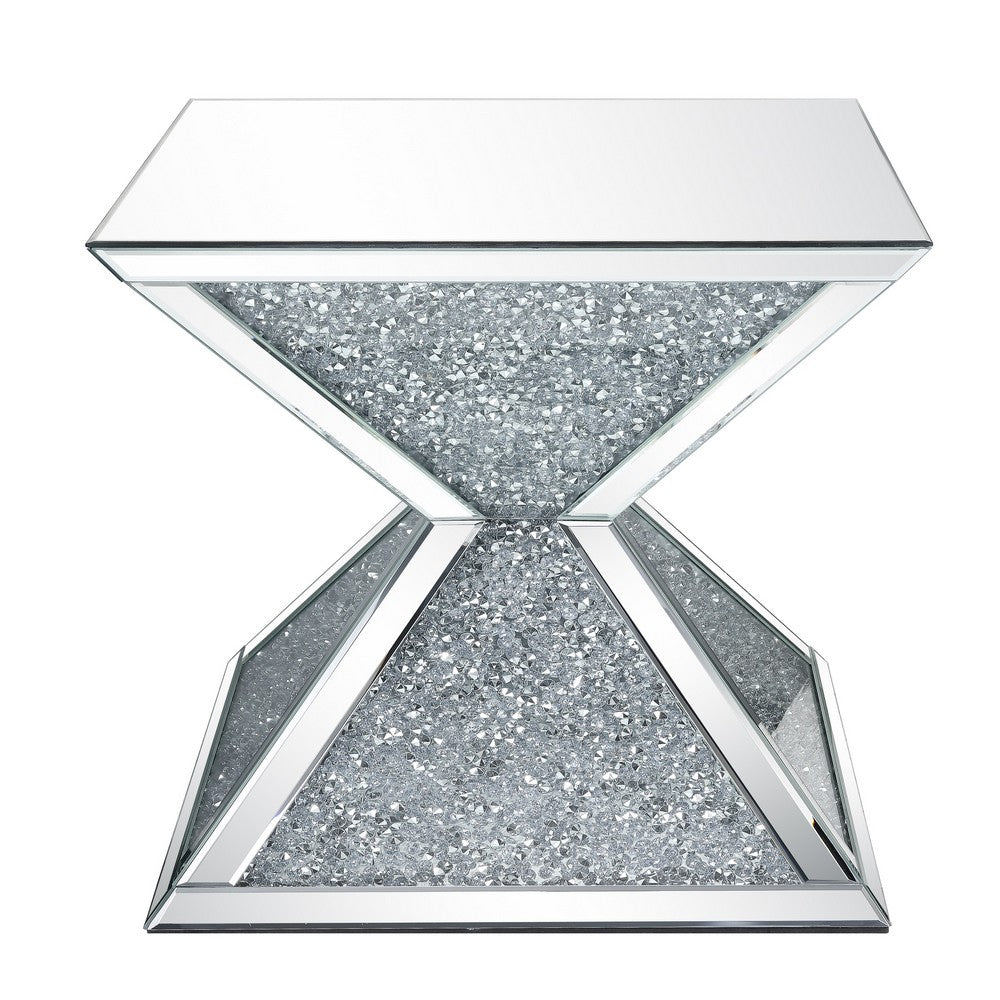 Benjara Sparkling End Table with Faux Diamonds Inlay , Silver And Clear