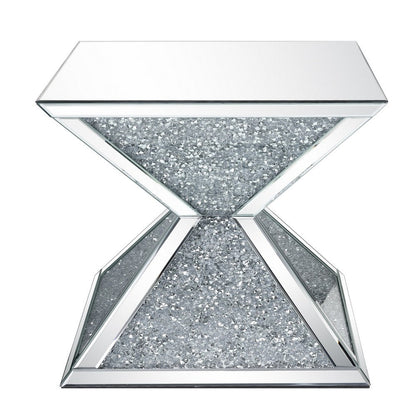 Benjara Sparkling End Table with Faux Diamonds Inlay , Silver And Clear