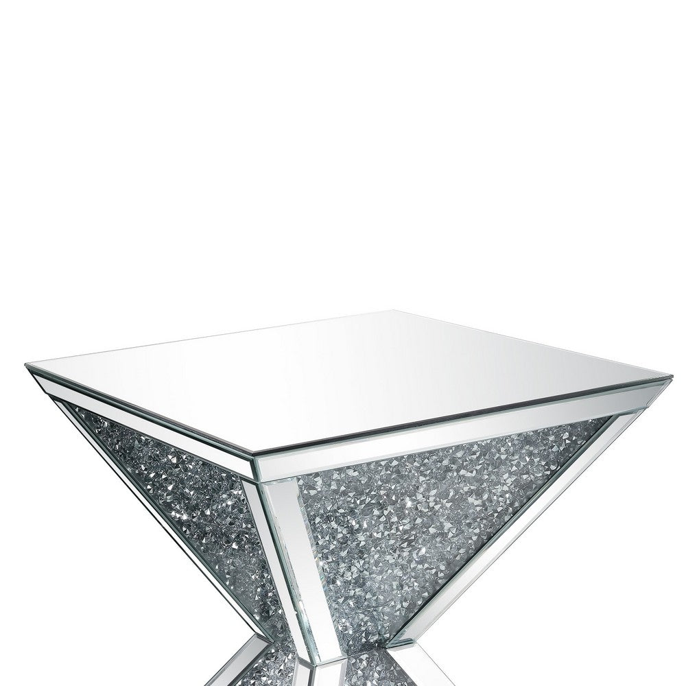 Benjara Sparkling End Table with Faux Diamonds Inlay , Silver And Clear