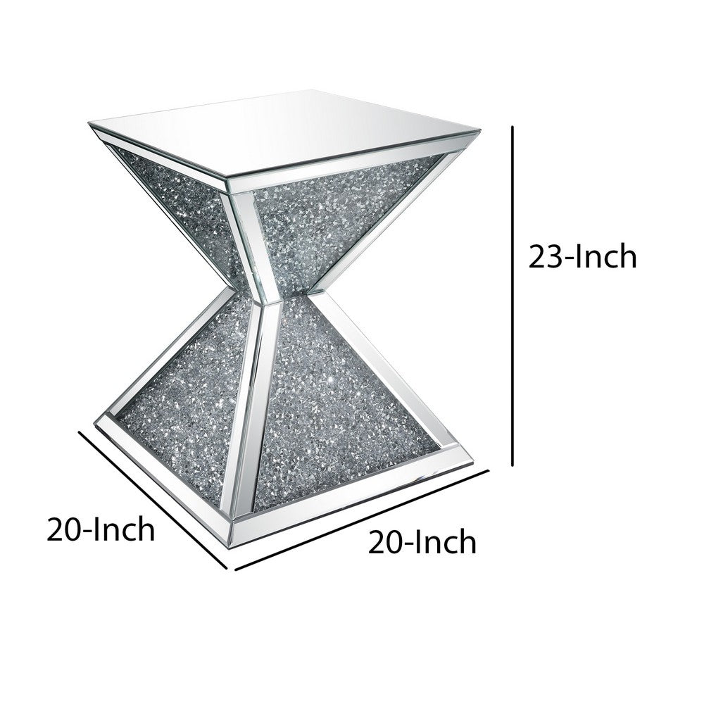 Benjara Sparkling End Table with Faux Diamonds Inlay , Silver And Clear