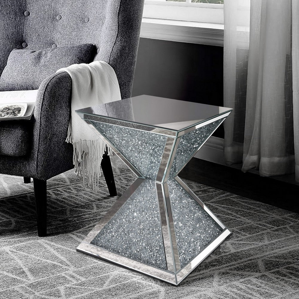Benjara Sparkling End Table with Faux Diamonds Inlay , Silver And Clear