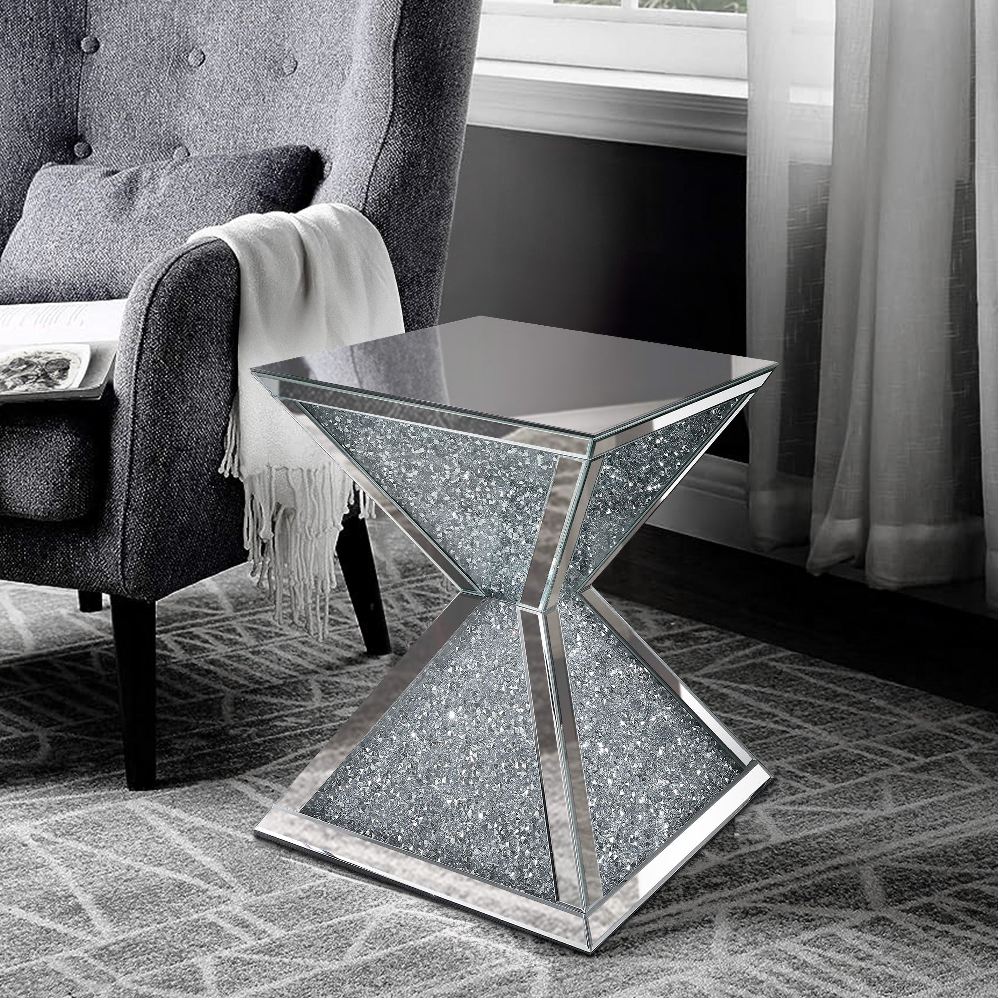 Benjara Sparkling End Table with Faux Diamonds Inlay , Silver And Clear