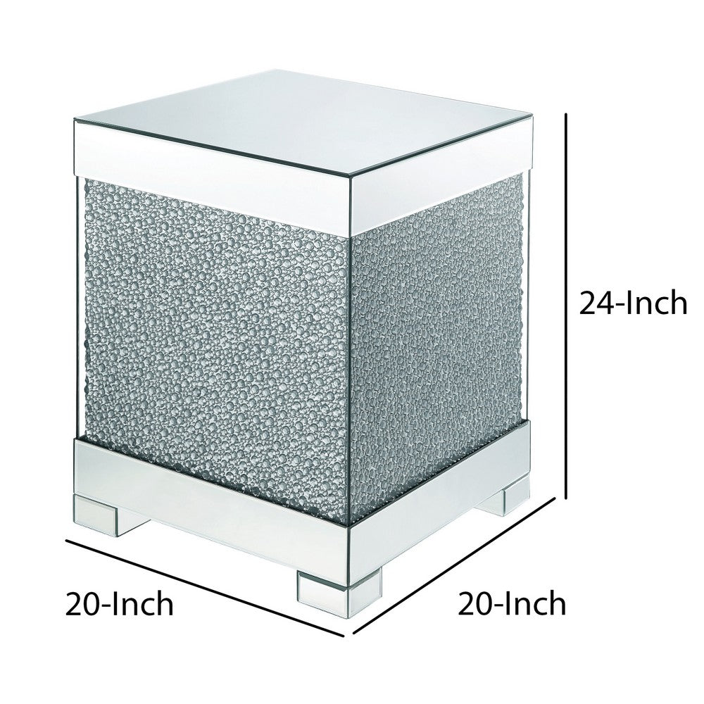 Benjara Contemporary Square Wooden End Table with Faux Crystal Inlays, Silver