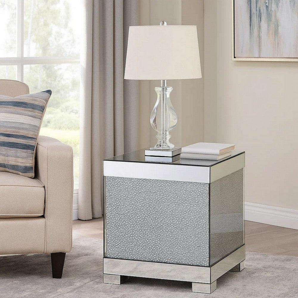 Benjara Contemporary Square Wooden End Table with Faux Crystal Inlays, Silver