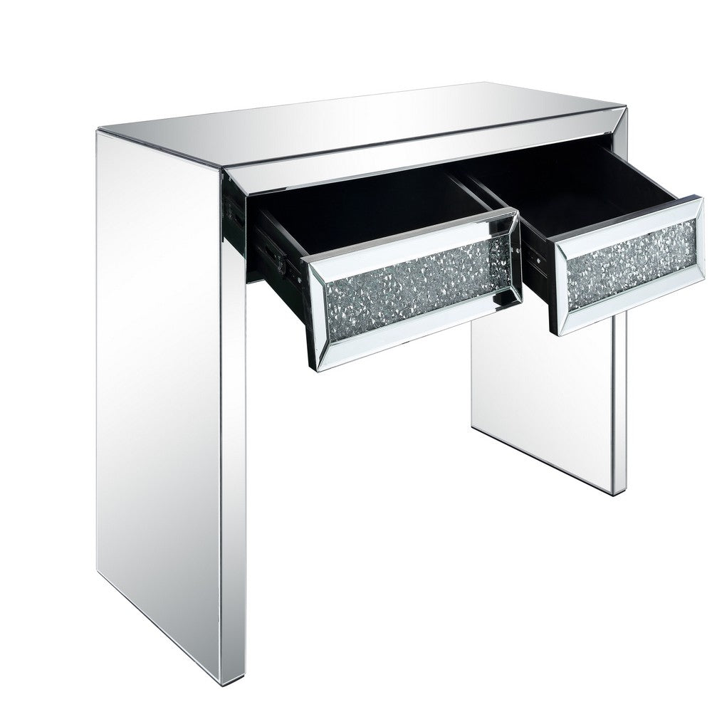 Benjara Console Table with Two Storage Drawers And Faux Diamond Inlay, Silver