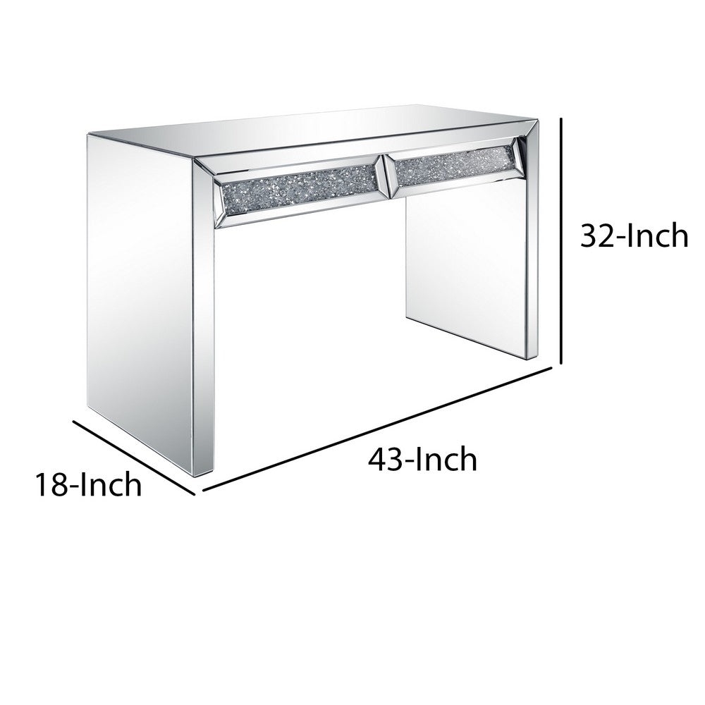 Benjara Console Table with Two Storage Drawers And Faux Diamond Inlay, Silver