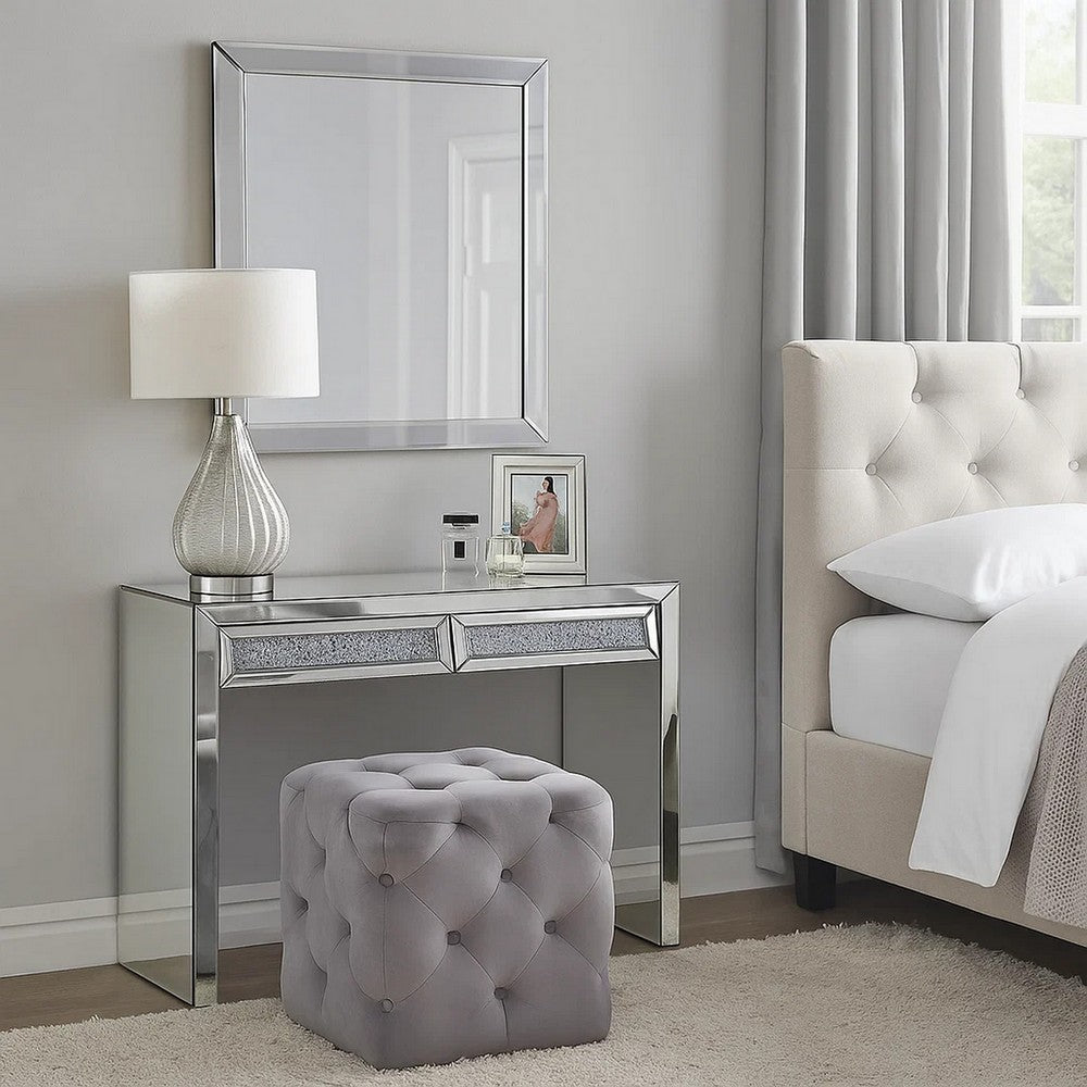 Benjara Console Table with Two Storage Drawers And Faux Diamond Inlay, Silver