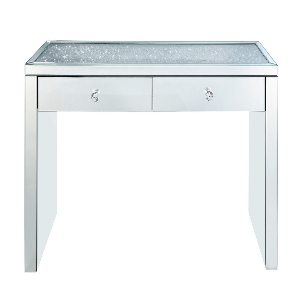 Benjara Wooden Console Table with 2 Storage Drawers And Faux Diamond Inlay, Silver