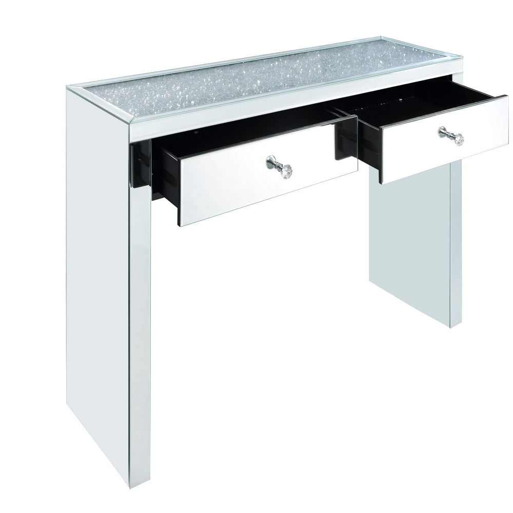 Benjara Wooden Console Table with 2 Storage Drawers And Faux Diamond Inlay, Silver