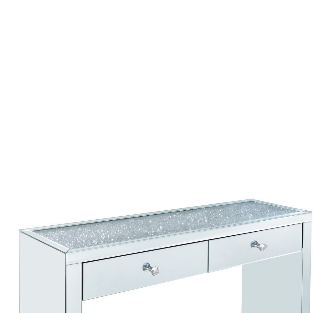 Benjara Wooden Console Table with 2 Storage Drawers And Faux Diamond Inlay, Silver