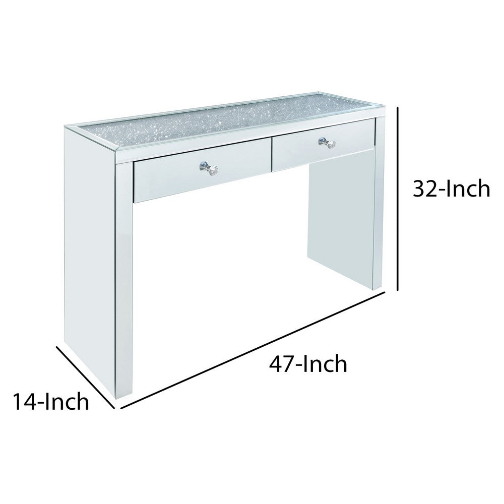 Benjara Wooden Console Table with 2 Storage Drawers And Faux Diamond Inlay, Silver