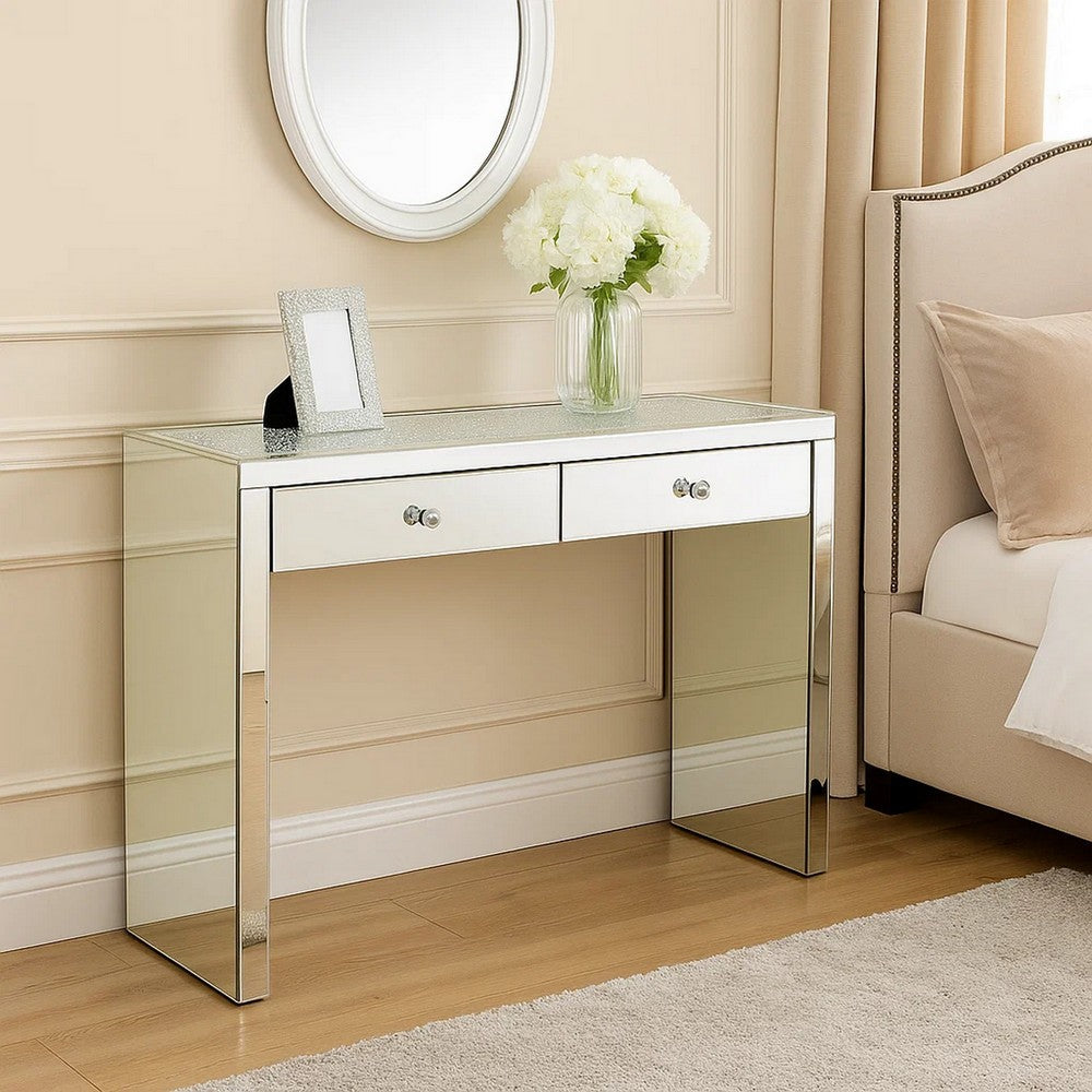 Benjara Wooden Console Table with 2 Storage Drawers And Faux Diamond Inlay, Silver