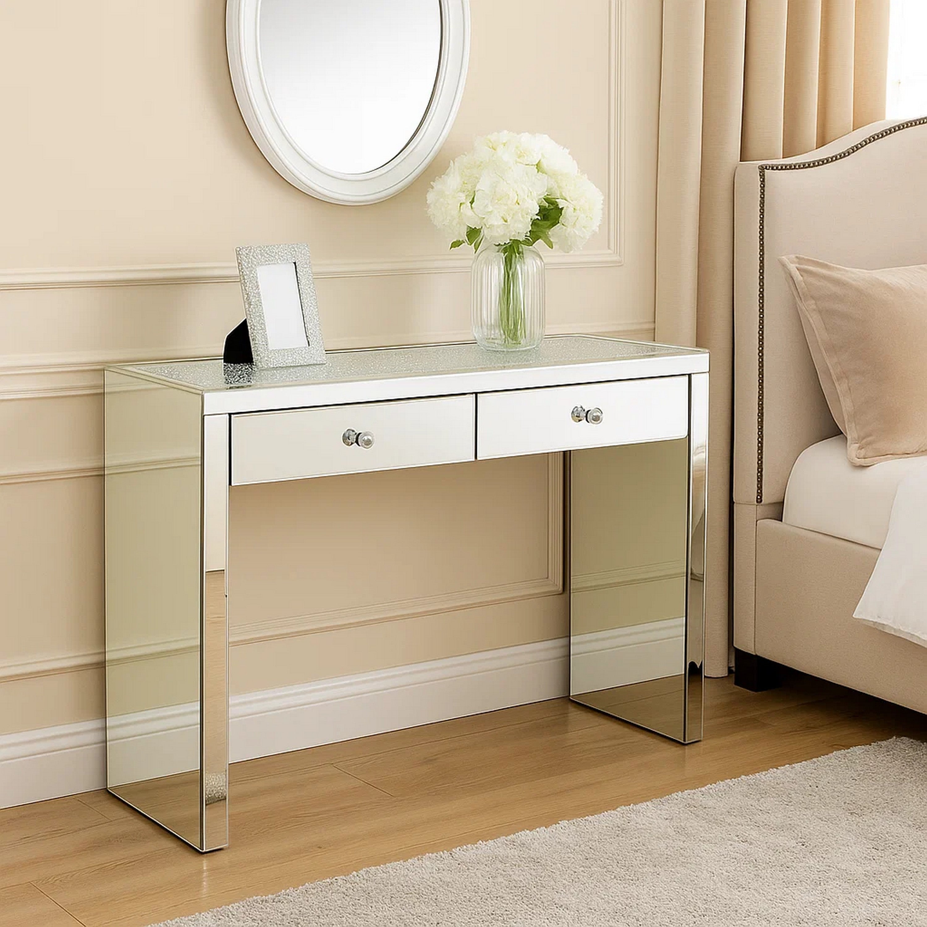 Benjara Wooden Console Table with 2 Storage Drawers And Faux Diamond Inlay, Silver