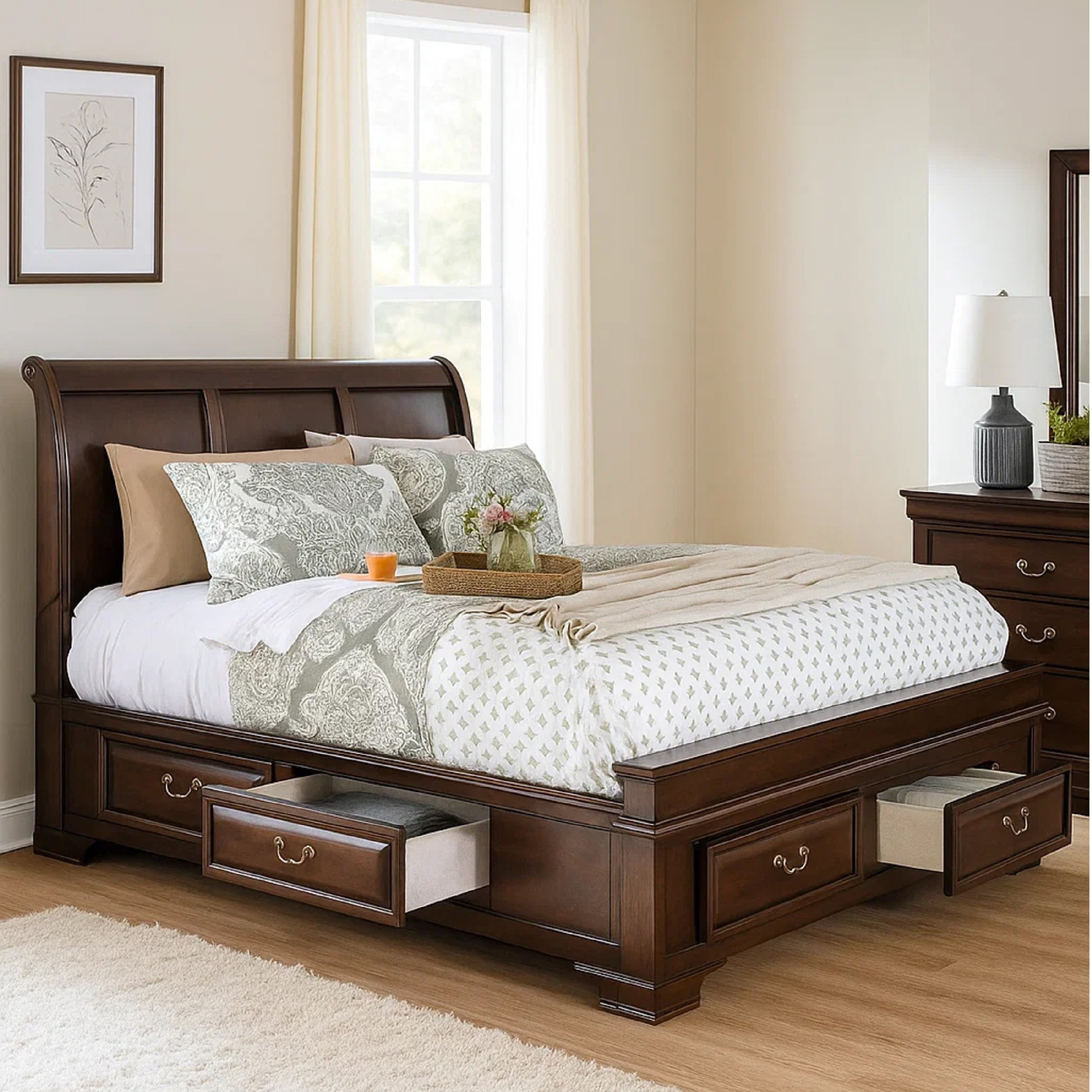 Benjara Wooden Queen Size Bed with Spacious Storage Drawers, Brown