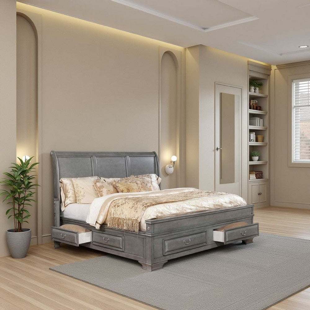 Benjara Wooden Queen Size Bed with Spacious Storage Drawers, Gray