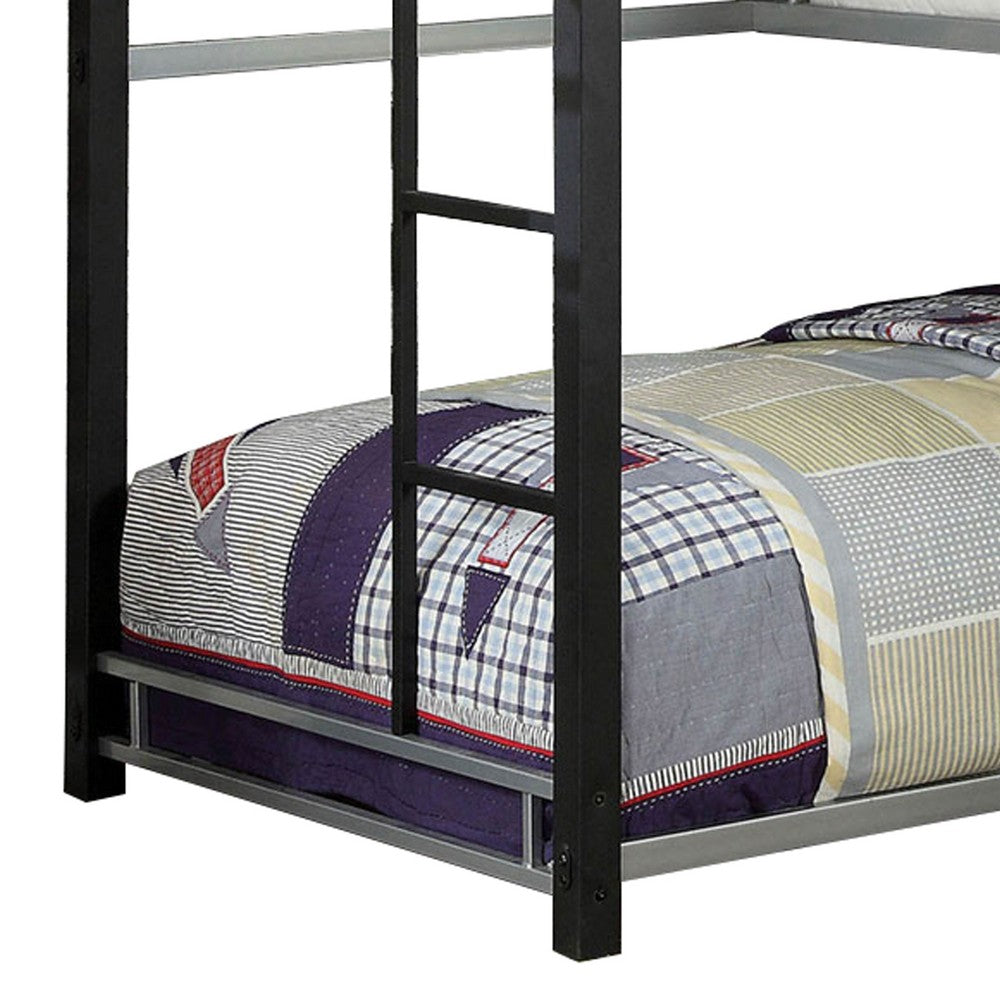 Benjara 3 Tier Industrial Style Twin Bunk Bed with Corner Design, Black And Gray