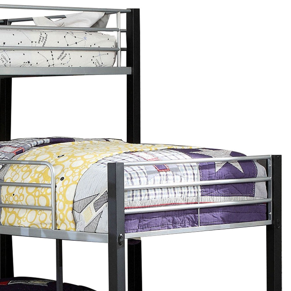 Benjara 3 Tier Industrial Style Twin Bunk Bed with Corner Design, Black And Gray