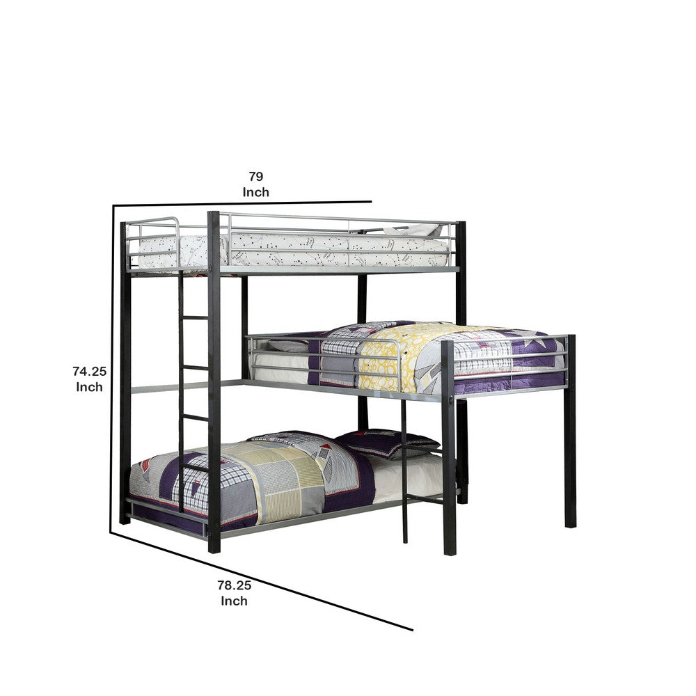 Benjara 3 Tier Industrial Style Twin Bunk Bed with Corner Design, Black And Gray