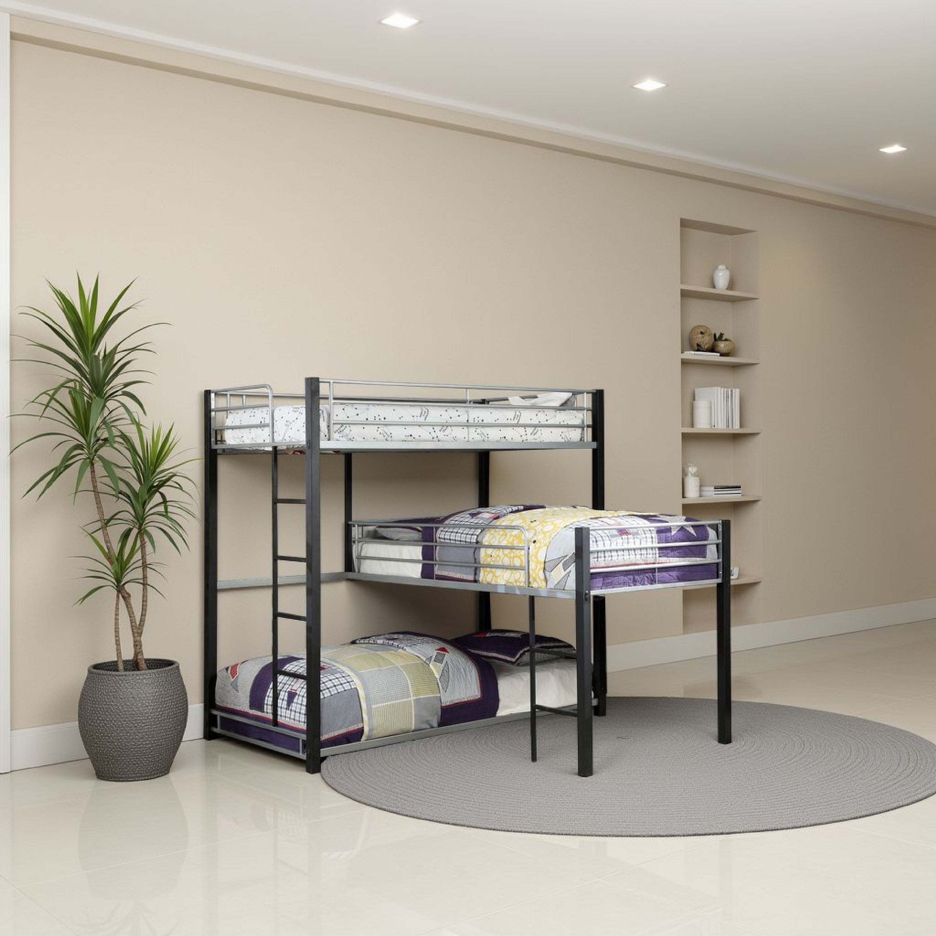Benjara 3 Tier Industrial Style Twin Bunk Bed with Corner Design, Black And Gray