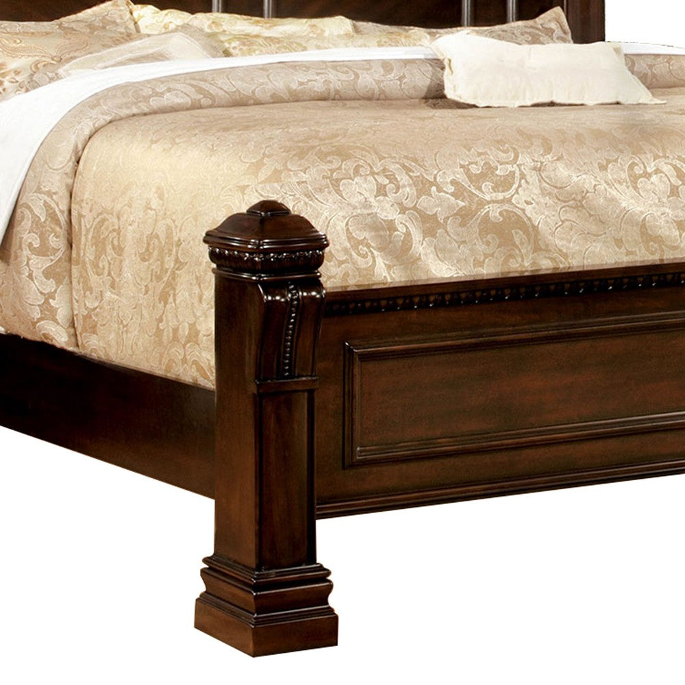 Benjara Wooden Queen Size Bed with Intricate Trimmed Headboard, Brown