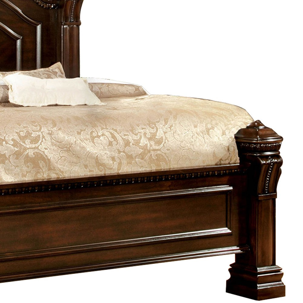Benjara Wooden Queen Size Bed with Intricate Trimmed Headboard, Brown