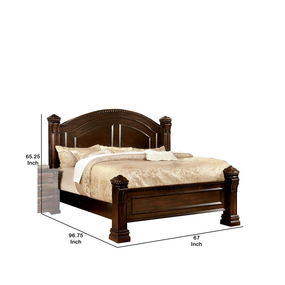 Benjara Wooden Queen Size Bed with Intricate Trimmed Headboard, Brown