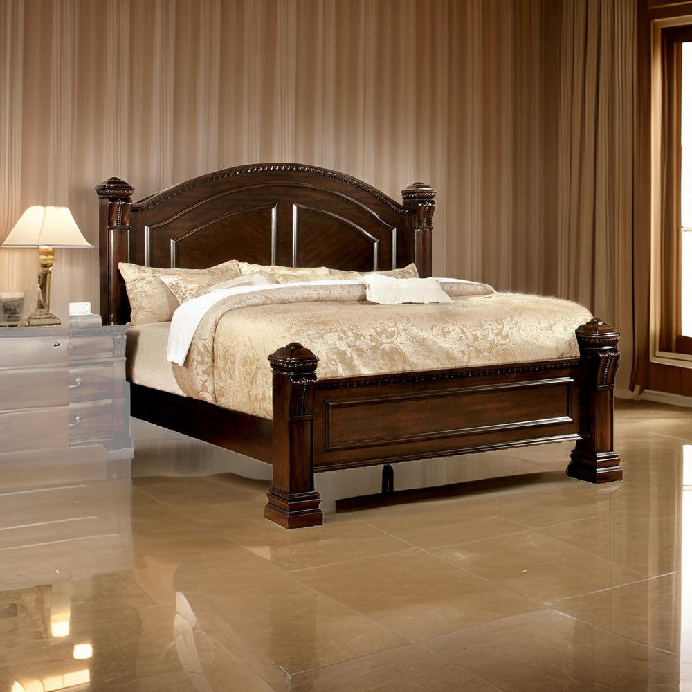 Benjara Wooden Queen Size Bed with Intricate Trimmed Headboard, Brown