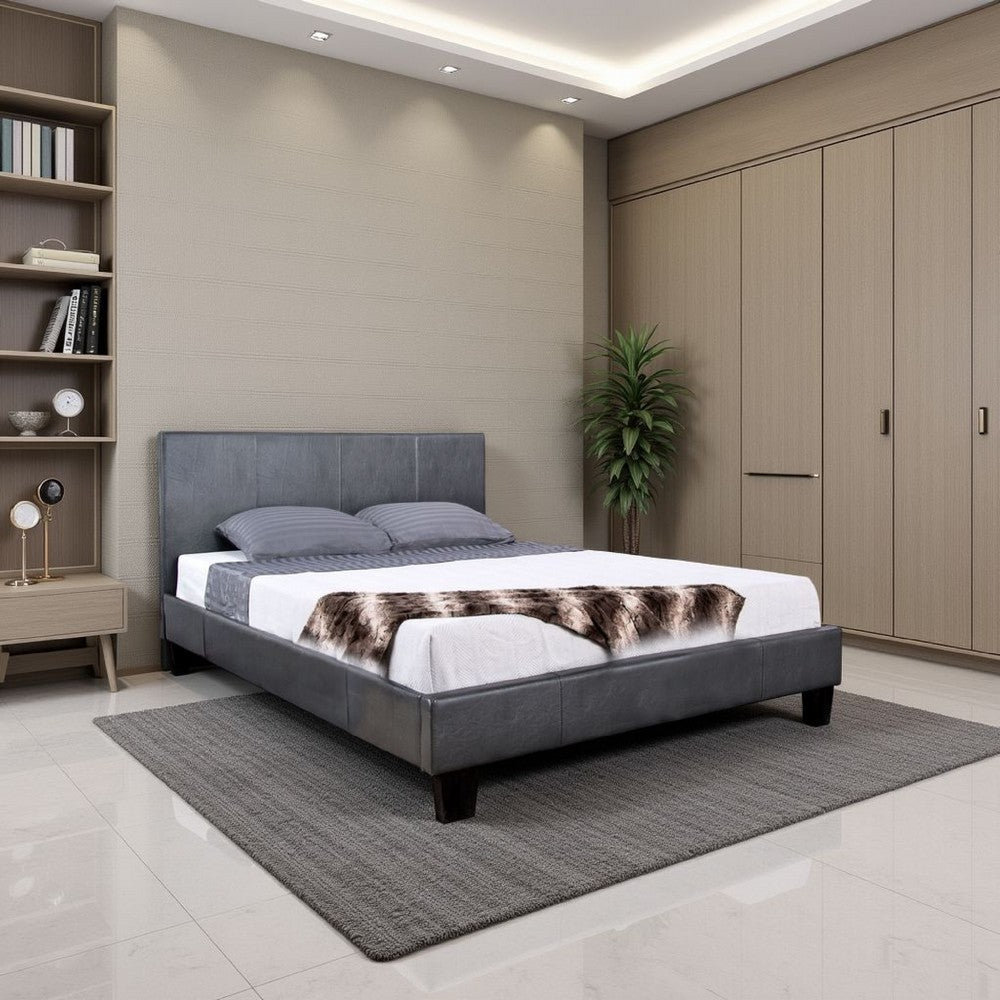 Benjara Faux Leather Upholstered Twin Bed with Vertical Stitched Details, Gray