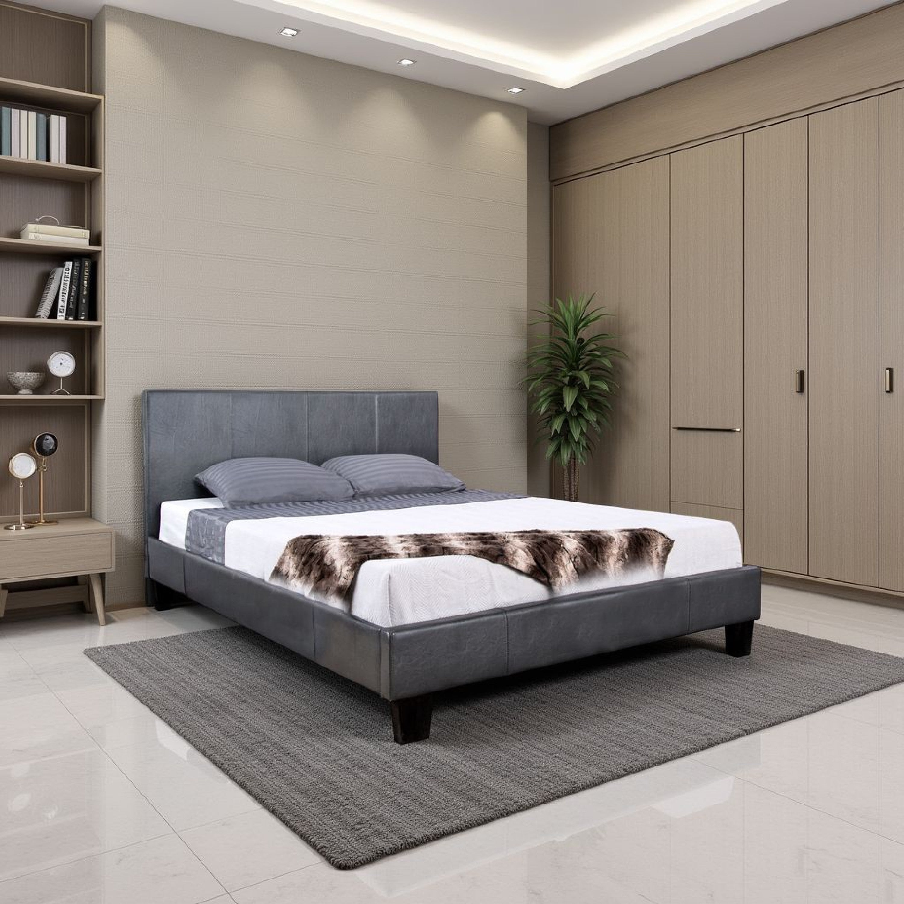Benjara Faux Leather Upholstered Twin Bed with Vertical Stitched Details, Gray