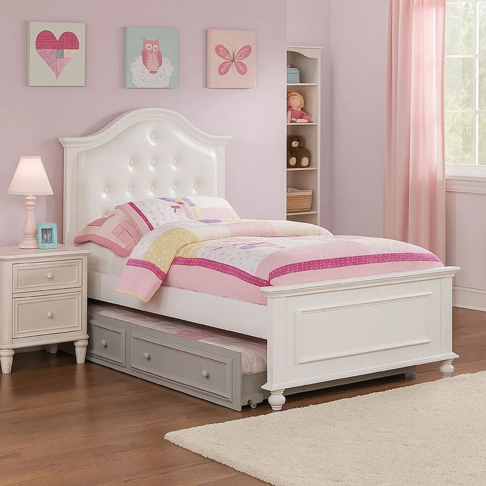 Benjara Wooden Twin Size Bed with Camelback Design Headboard And Turned Legs, White