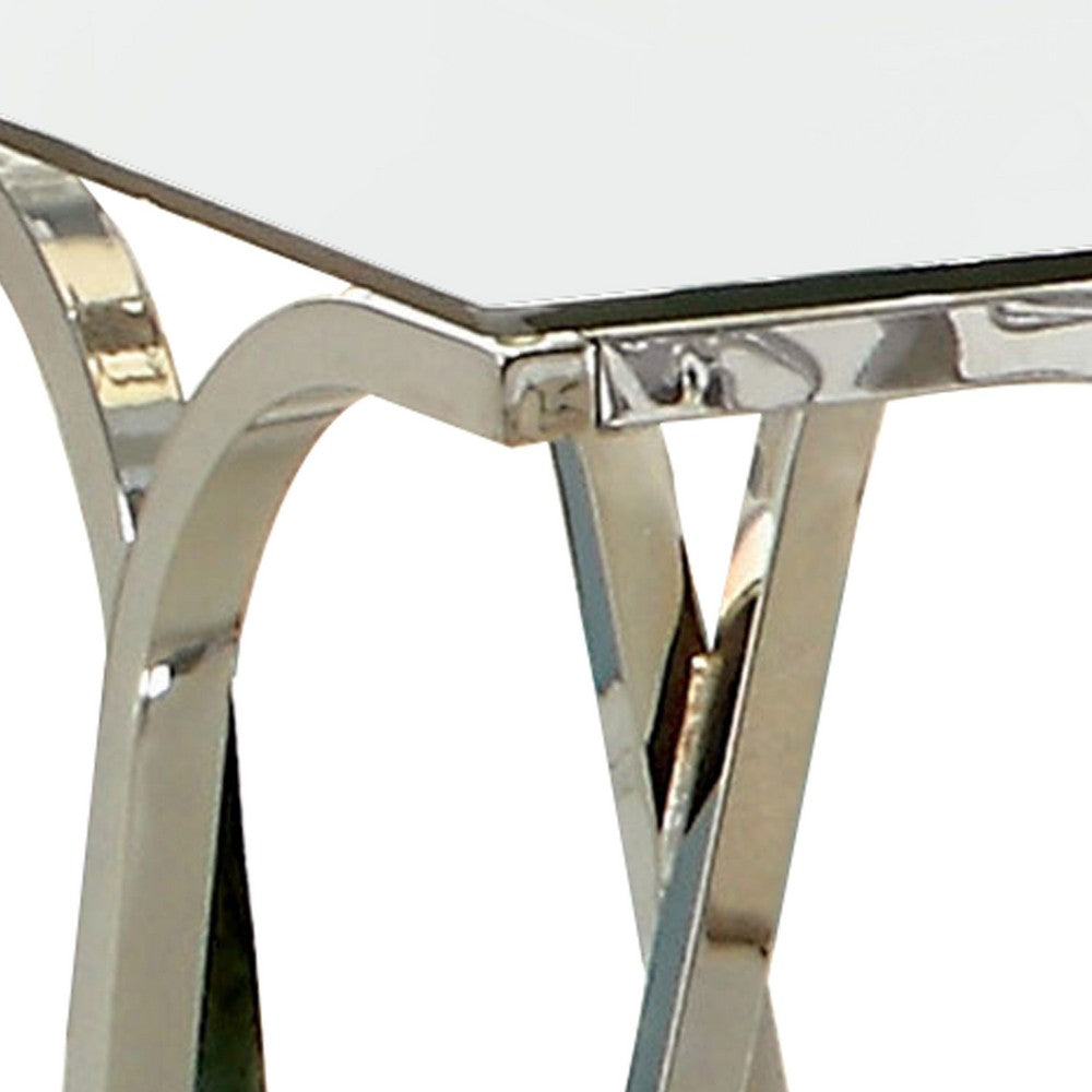 Benjara Modern End Table with Glass Top And Curved Chrome Legs, Silver And Clear