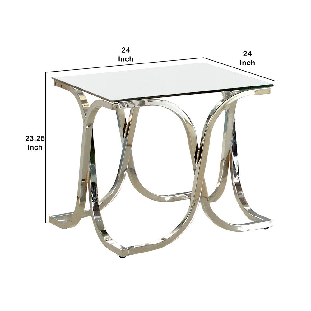 Benjara Modern End Table with Glass Top And Curved Chrome Legs, Silver And Clear