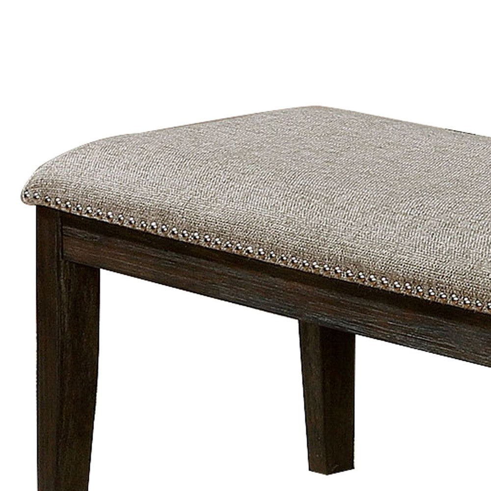 Benjara Fabric Upholstered Bench with Nailhead Trim And Tapered Legs, Gray And Espresso