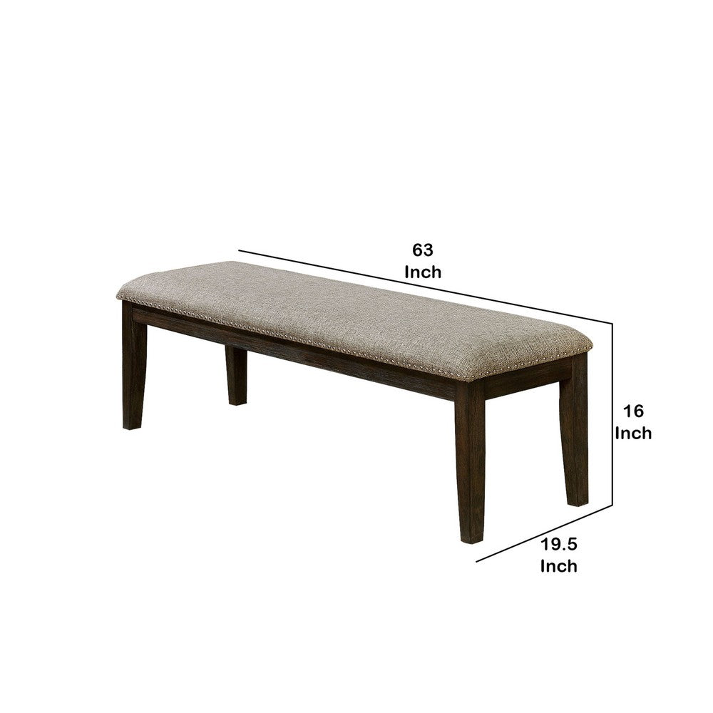 Benjara Fabric Upholstered Bench with Nailhead Trim And Tapered Legs, Gray And Espresso