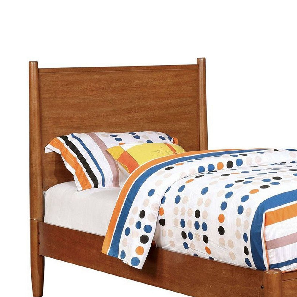 Benjara Wooden Transitional Twin Bed With Round Tapered Legs, Oak Brown
