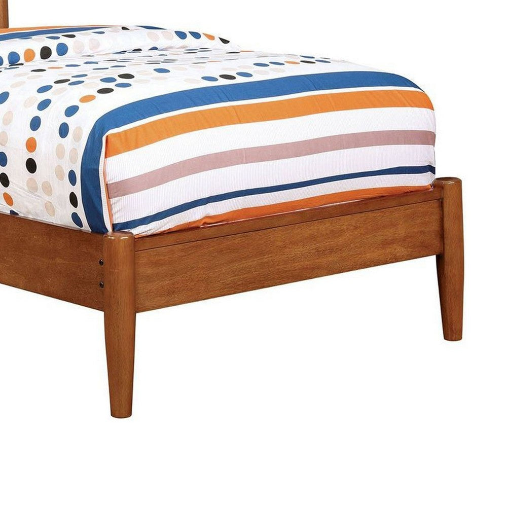 Benjara Wooden Transitional Twin Bed With Round Tapered Legs, Oak Brown