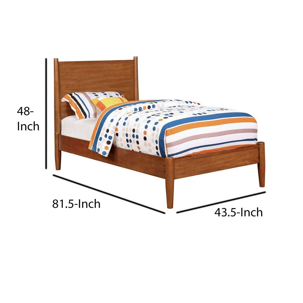 Benjara Wooden Transitional Twin Bed With Round Tapered Legs, Oak Brown