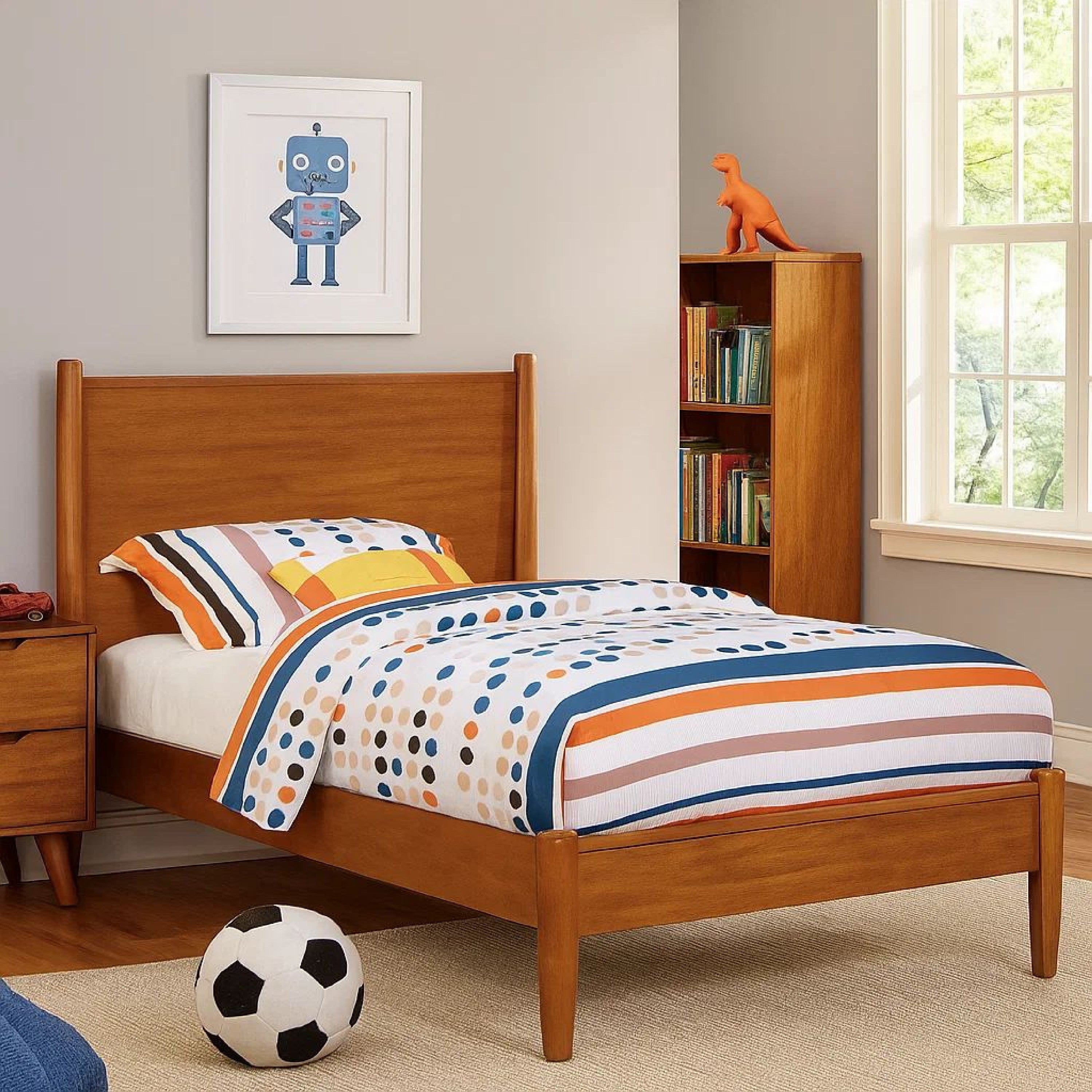 Benjara Wooden Transitional Twin Bed With Round Tapered Legs, Oak Brown