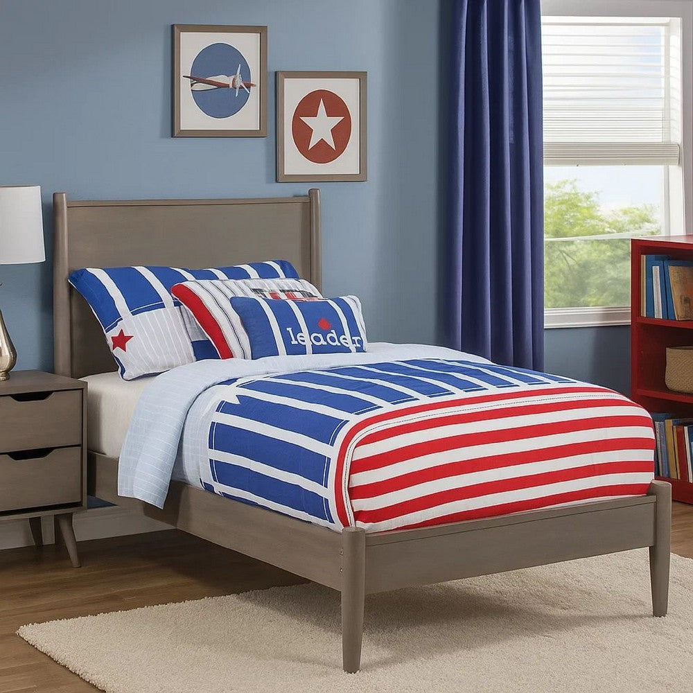 Benjara Wooden Transitional Twin Bed With Round Tapered Legs, Gray