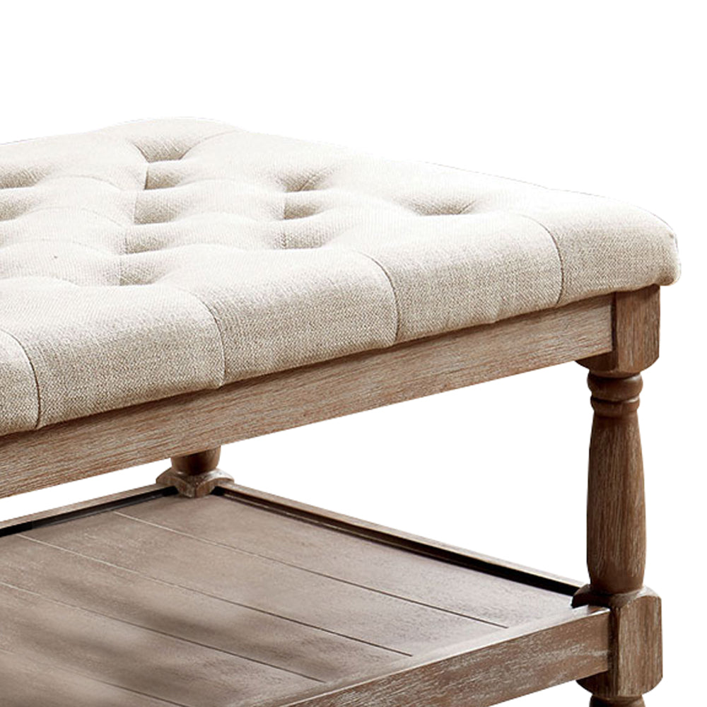 Benjara Button Tufted Fabric Upholstered Bench with Bottom Shelf, Beige And Brown