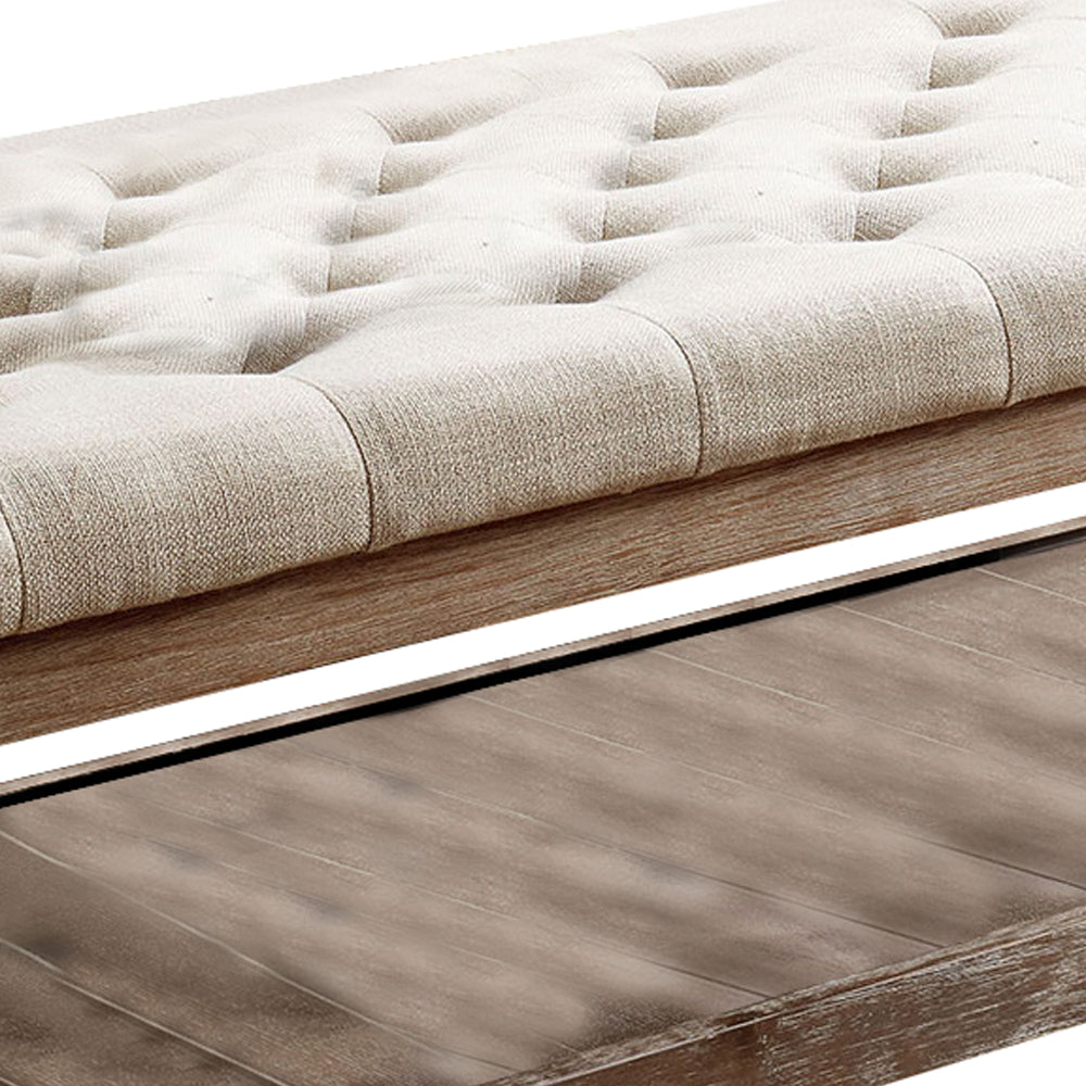 Benjara Button Tufted Fabric Upholstered Bench with Bottom Shelf, Beige And Brown