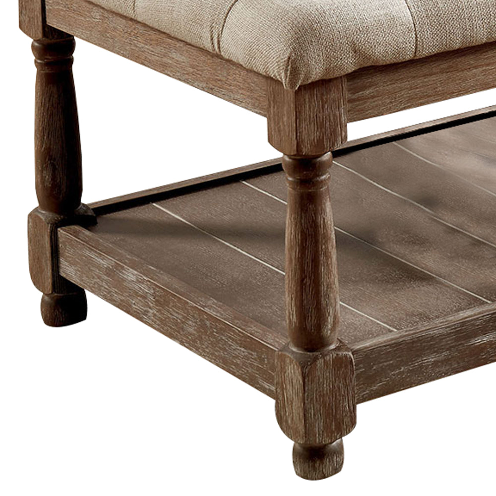 Benjara Button Tufted Fabric Upholstered Bench with Bottom Shelf, Beige And Brown
