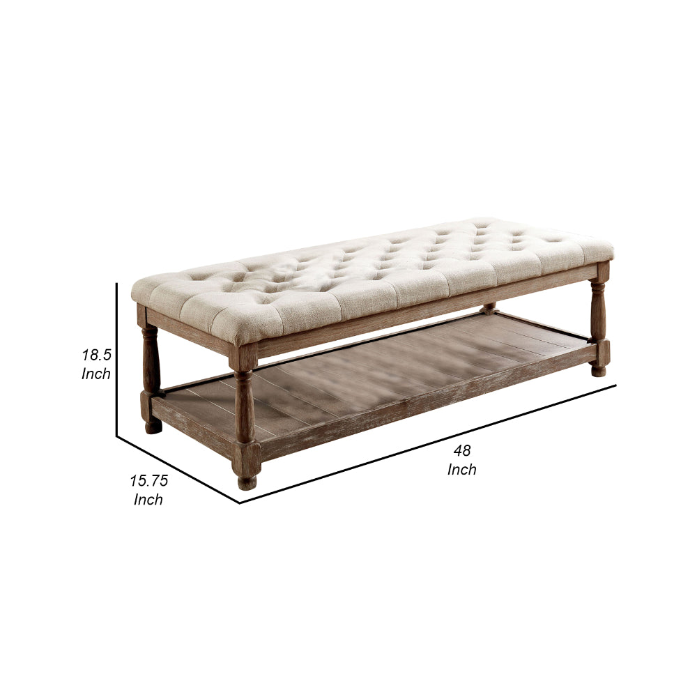 Benjara Button Tufted Fabric Upholstered Bench with Bottom Shelf, Beige And Brown