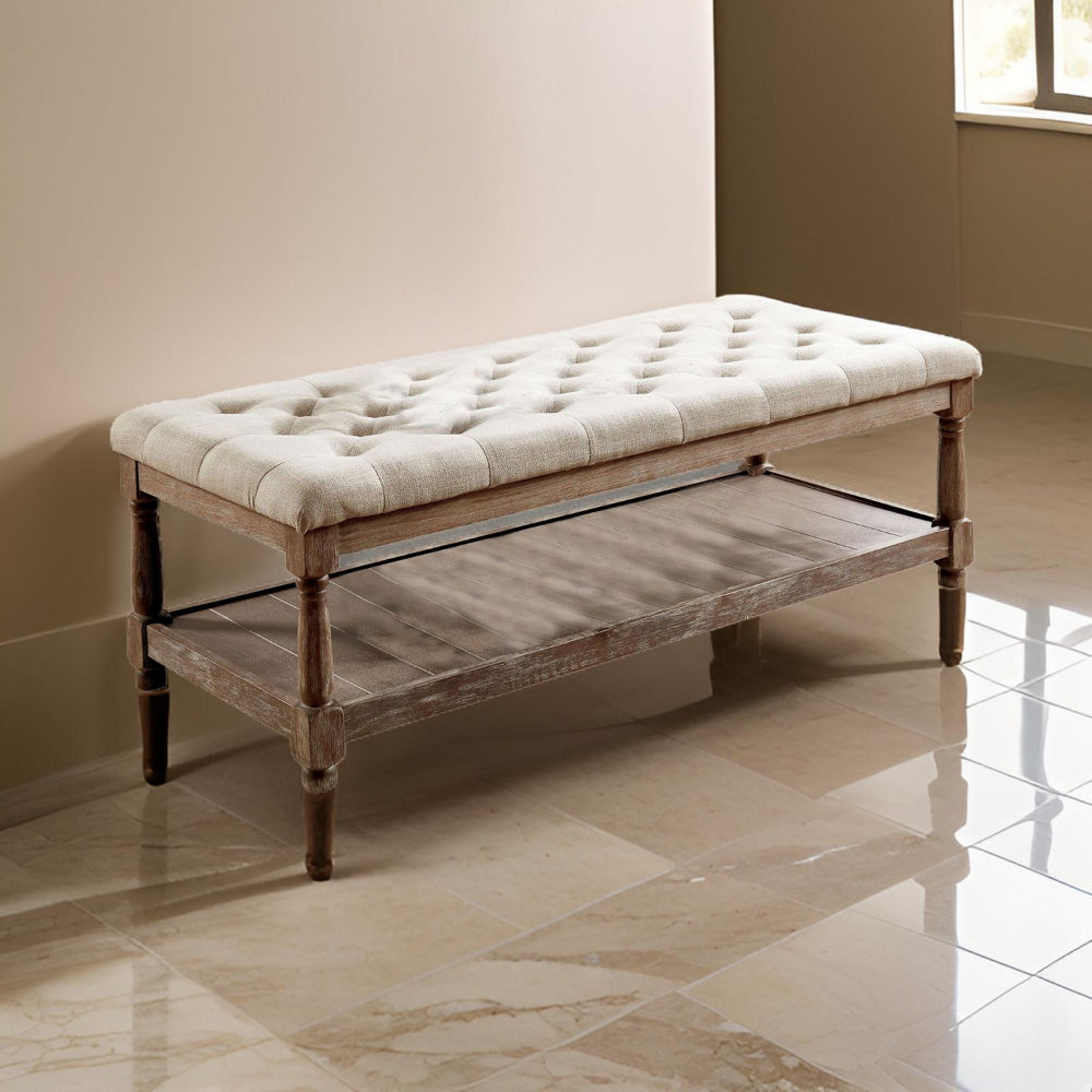 Benjara Button Tufted Fabric Upholstered Bench with Bottom Shelf, Beige And Brown