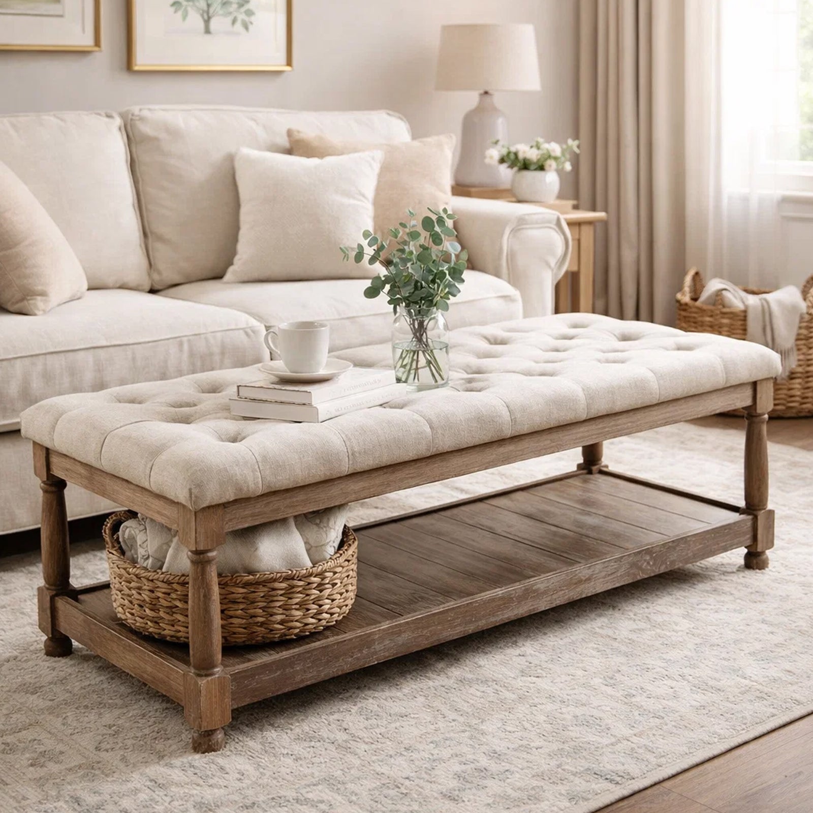 Benjara Button Tufted Fabric Upholstered Bench with Bottom Shelf, Beige And Brown