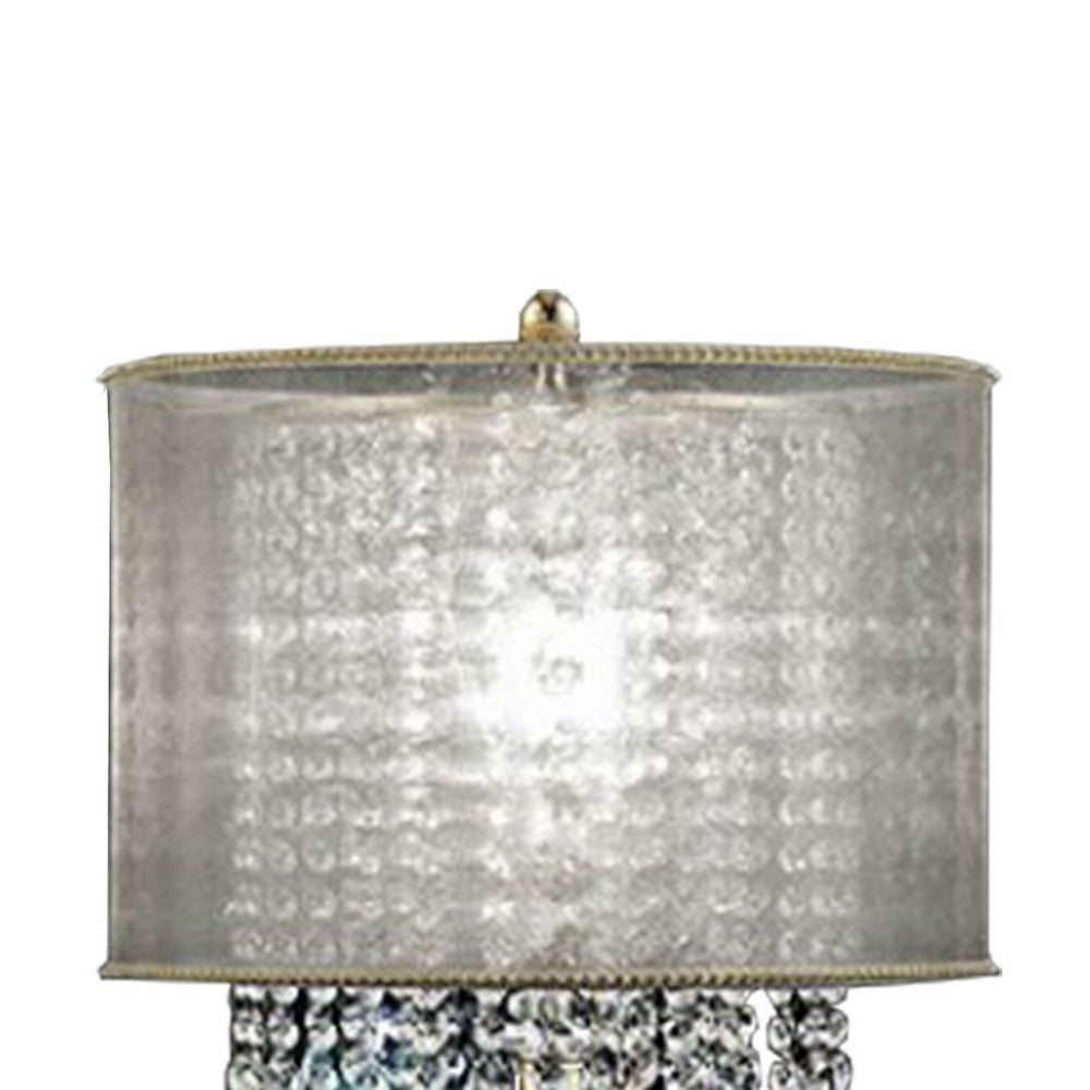 Benjara Table Lamp with Hanging Crystal Droplets And White Drum Shade, Gold